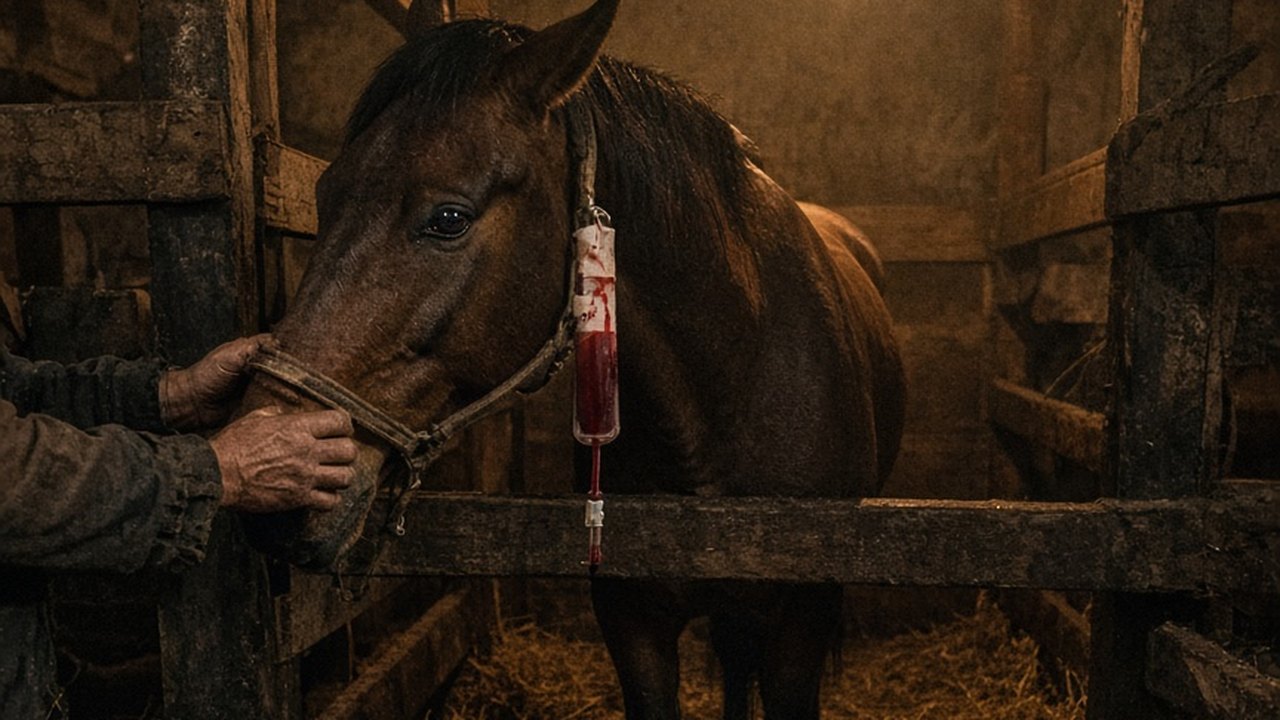 A horse in a dim wooden stable with a blood collection bag taped to its neck, a handler's hands steadying the halter