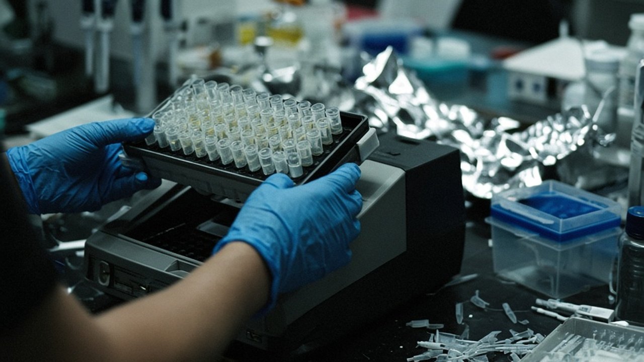Gloved hands lifting a tray of small sample tubes from a bench-top instrument on a cluttered lab bench, with a second technician out of focus behind