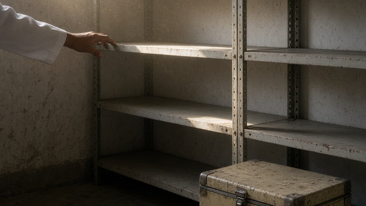 An empty pharmacy storeroom in a small hospital, a hand in a white coat reaching towards bare metal shelves, with a closed cold box on the floor