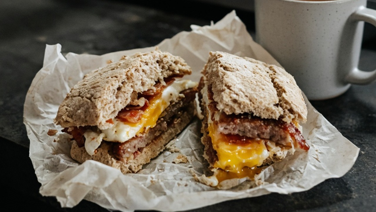 A real Northern Irish breakfast soda: soda bread cut in half on greaseproof paper, filled with bacon, sausage and fried egg, with a mug of tea behind