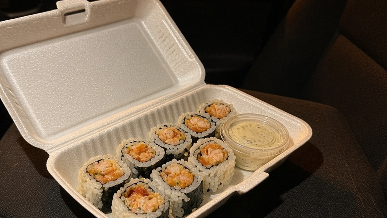An open takeaway foam box on a car seat at night holding sushi rolls and a small tub of tartare sauce