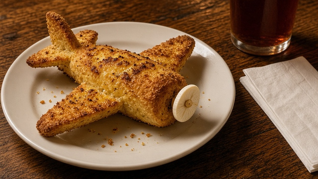 A plate on a pub table with an aeroplane made of garlic bread, next to a glass and a paper napkin
