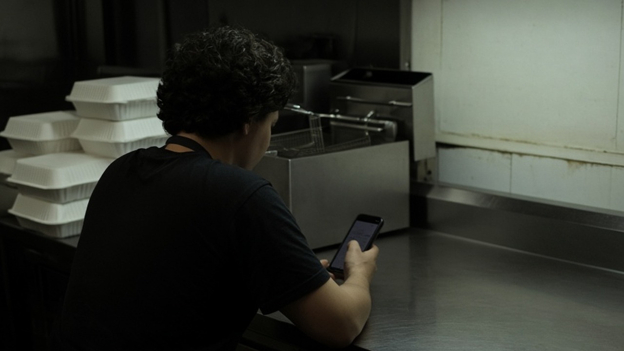 A cook seen from behind in a small takeaway kitchen after closing, looking at a phone beside stacked foam boxes and a fryer