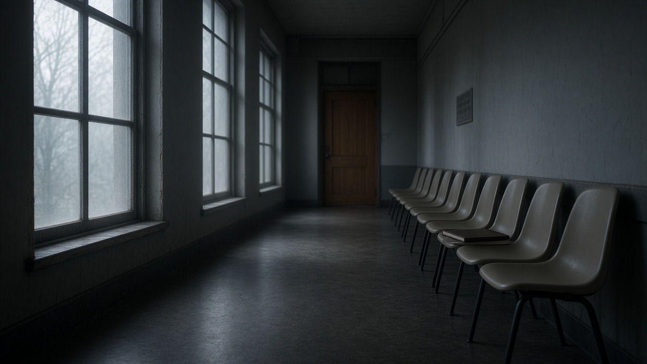 A long corridor of empty waiting-room chairs outside an interview room, one thin resume folder left on a single chair, cold morning light