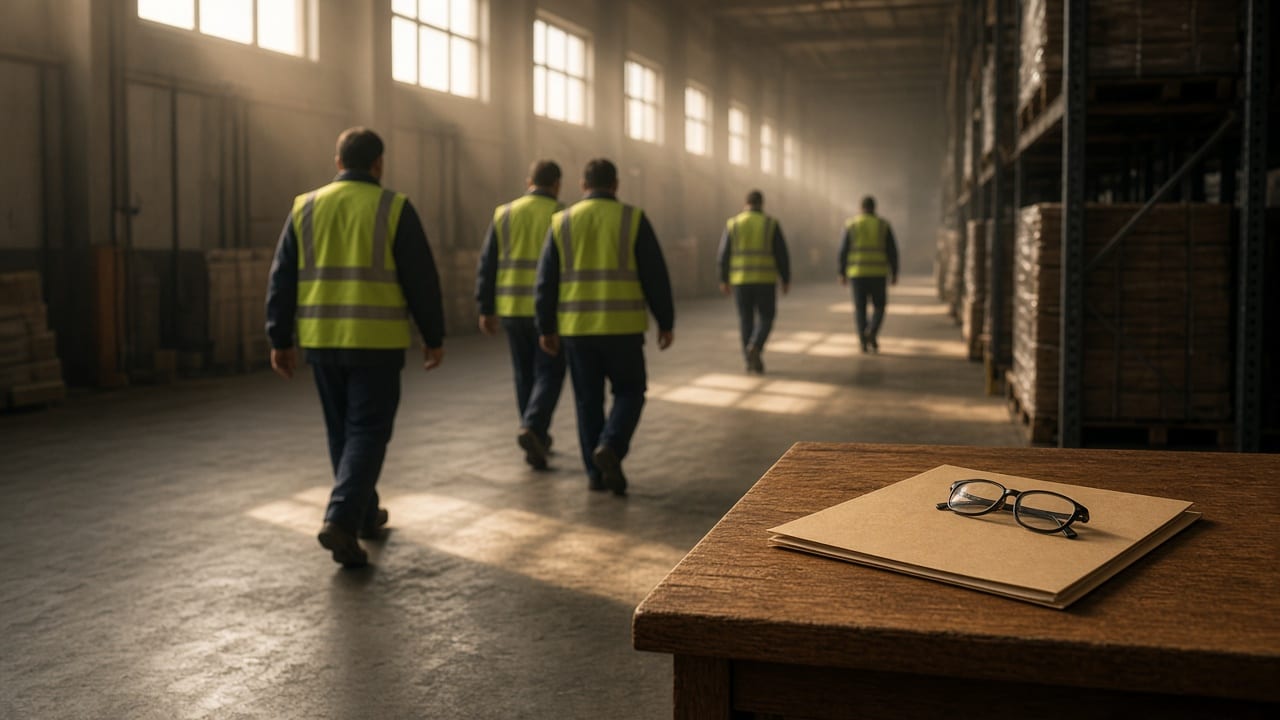Five warehouse workers in yellow safety vests walk away down a long aisle while a closed personnel folder and eyeglasses sit on a desk in the foreground.