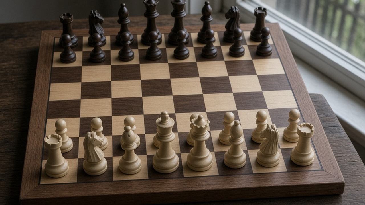 A real chessboard set up correctly, the queen on her own colour and the king beside her, in soft window light