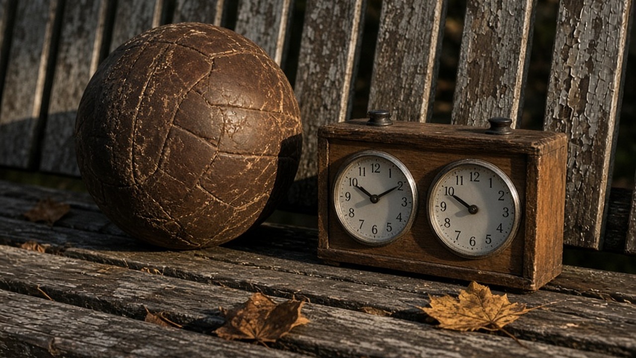 A football resting against a chess clock on a park bench, late afternoon