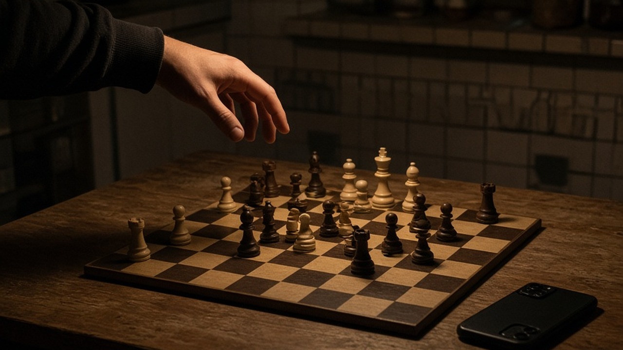 A hand hovering over a chess piece on a kitchen table at night, a phone lying face down beside the board