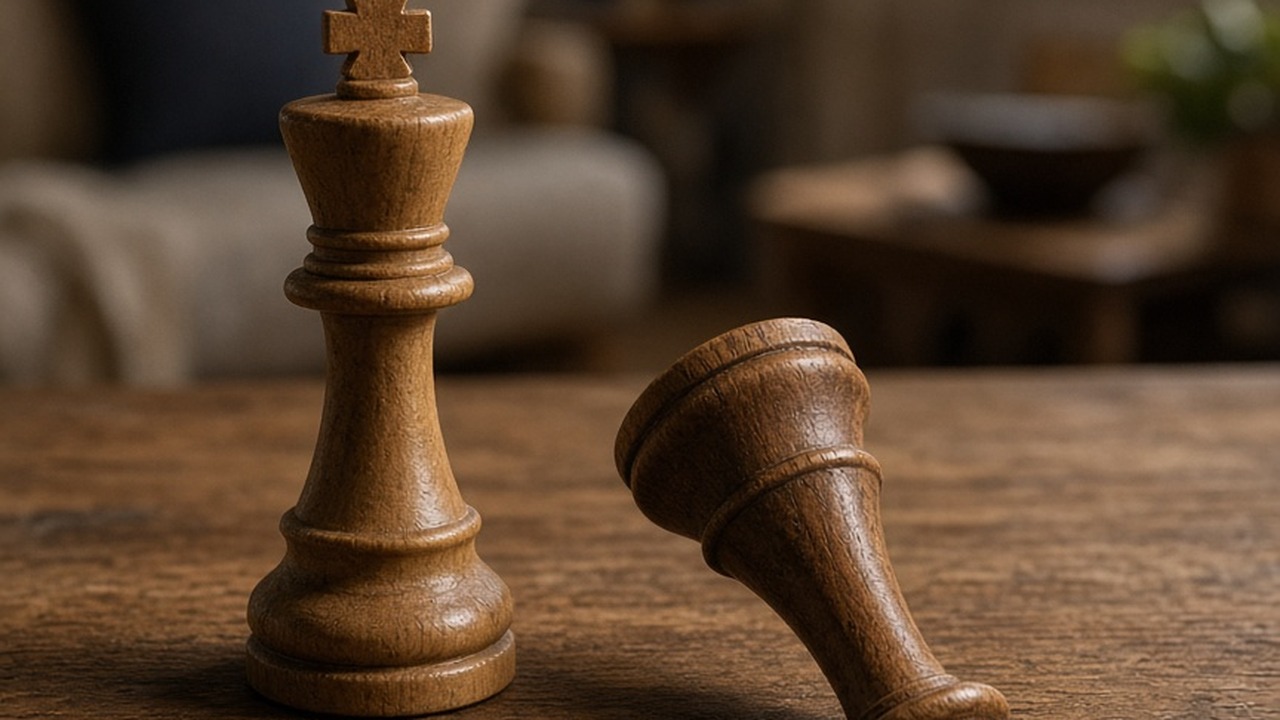 Two chess pieces, a king and a queen, standing side by side on the edge of a table, one about to tip over