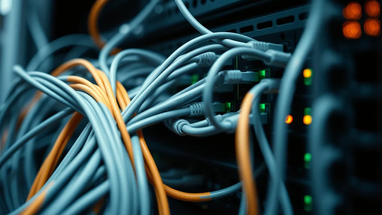 Dozens of grey and orange network cables plugged into a server switch, lit by small amber and green status lights