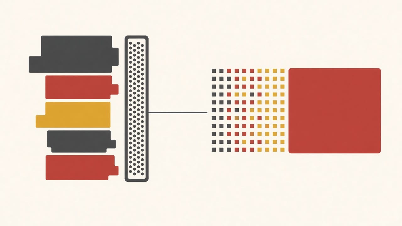 A flat diagram of irregular coloured blocks passing through a perforated circular filter into a grid of dots that resolve into one solid square.