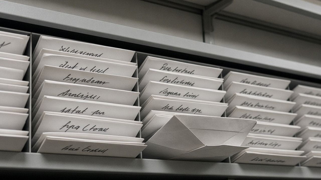 A row of paper envelopes on a mail sorting shelf, each with a handwritten label clearly visible, soft office light