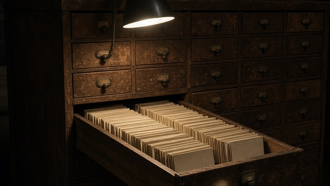 A huge old-fashioned card index cabinet in a dim archive, one drawer pulled open, cards standing up