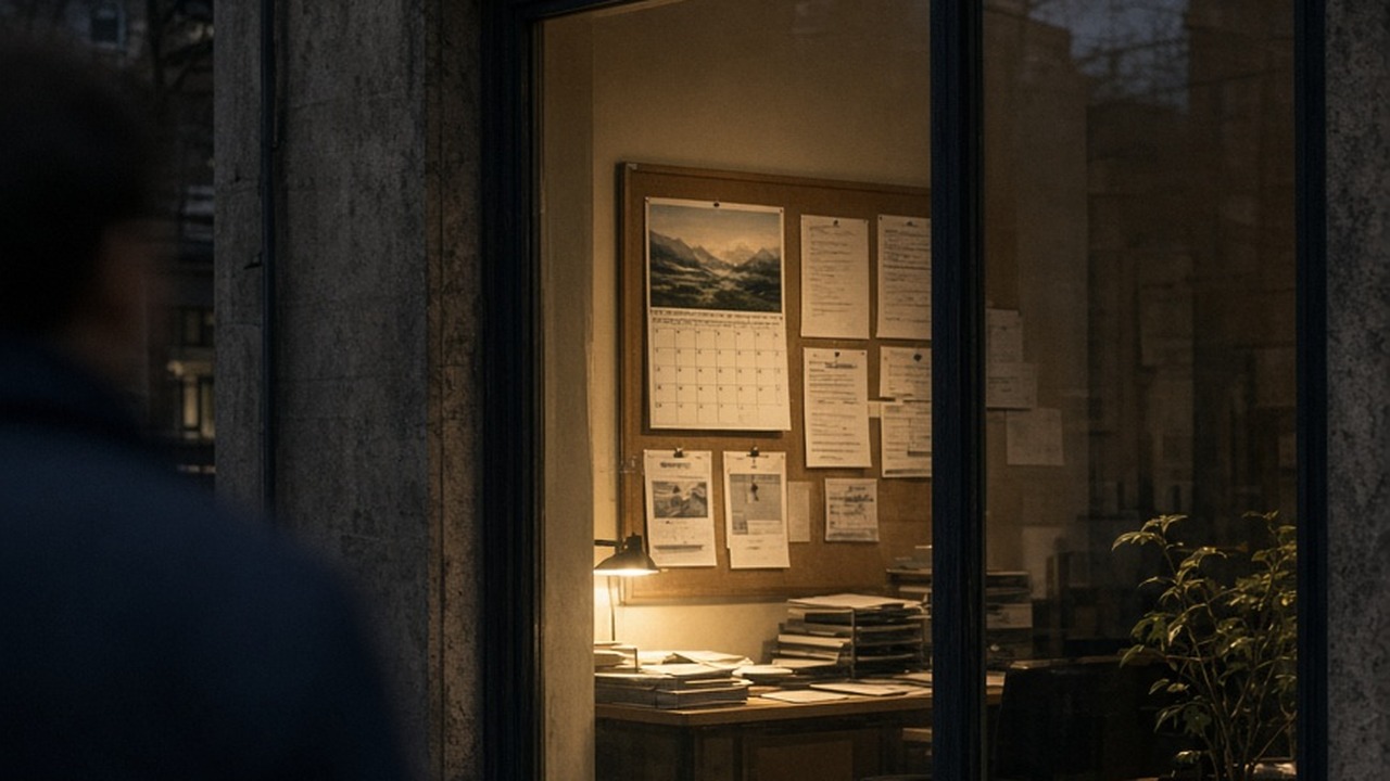 An office window at dusk seen from the pavement, warm light inside on a wall calendar and papers pinned to a board, a passer-by's shoulder in the foreground