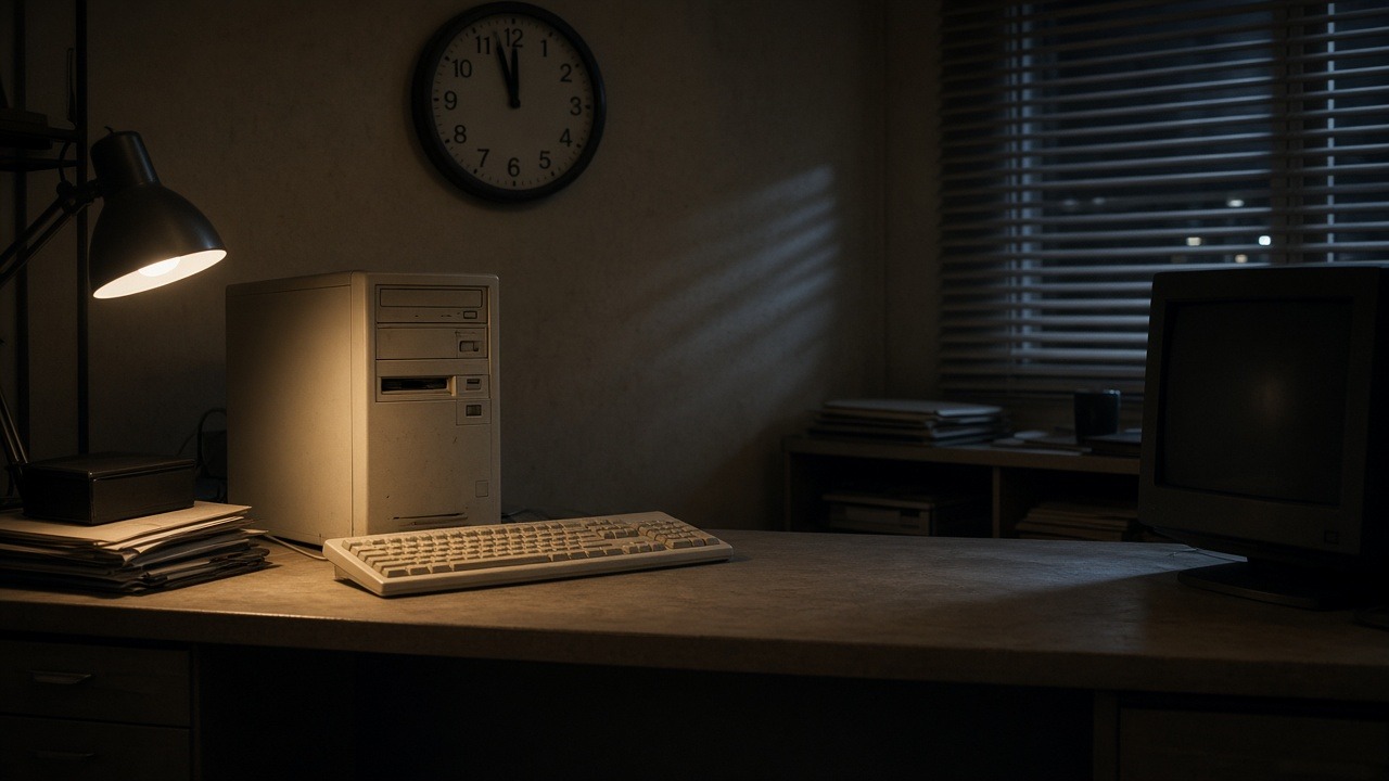 A dusty late-1990s office at night with a beige PC tower, keyboard, desk lamp and analog wall clock, cold light through the blinds