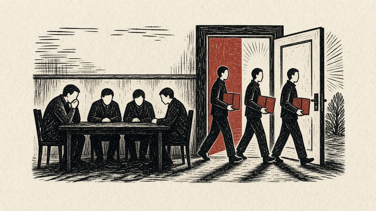 A black-and-white woodcut of three suited figures carrying red boxes out a red doorway while four others sit at a table with heads bowed.