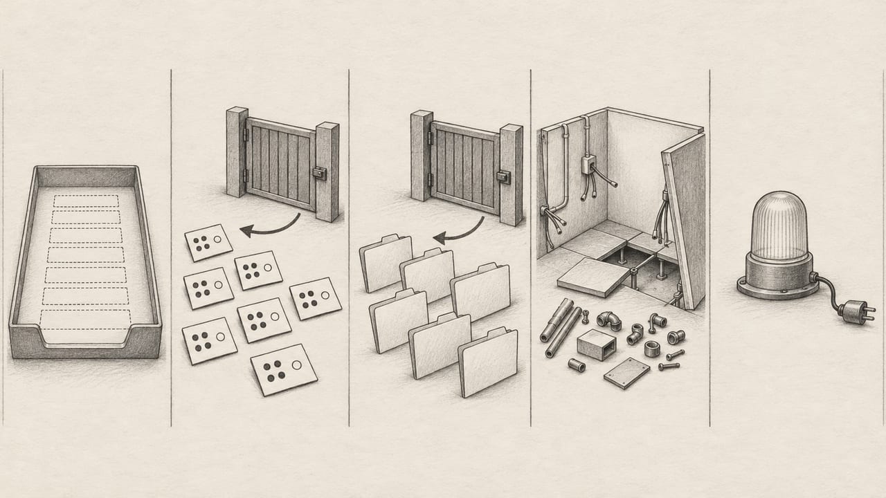 Five graphite panels show an empty file tray, seven matching score cards and blank folders beside closed gates, a dismantled room and an unplugged lamp.