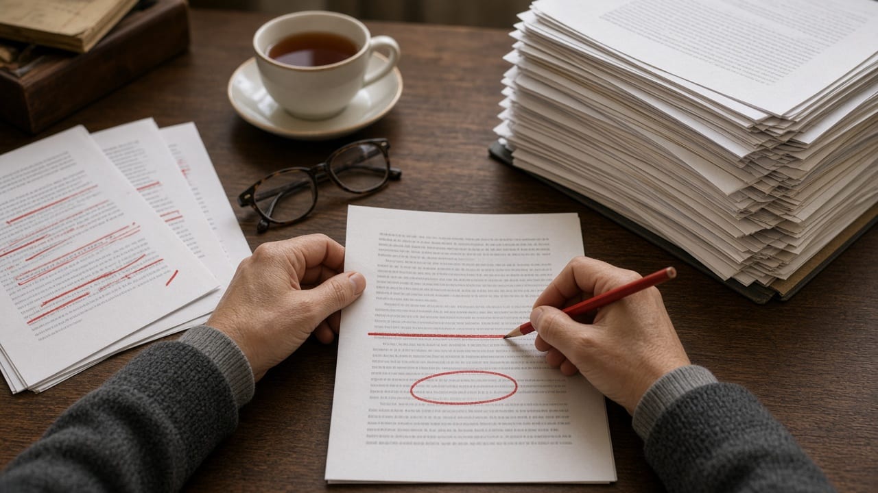 A mathematician's hands mark a printed manuscript with a red pencil, beside a tall stack of papers, reading glasses and a cup of tea.