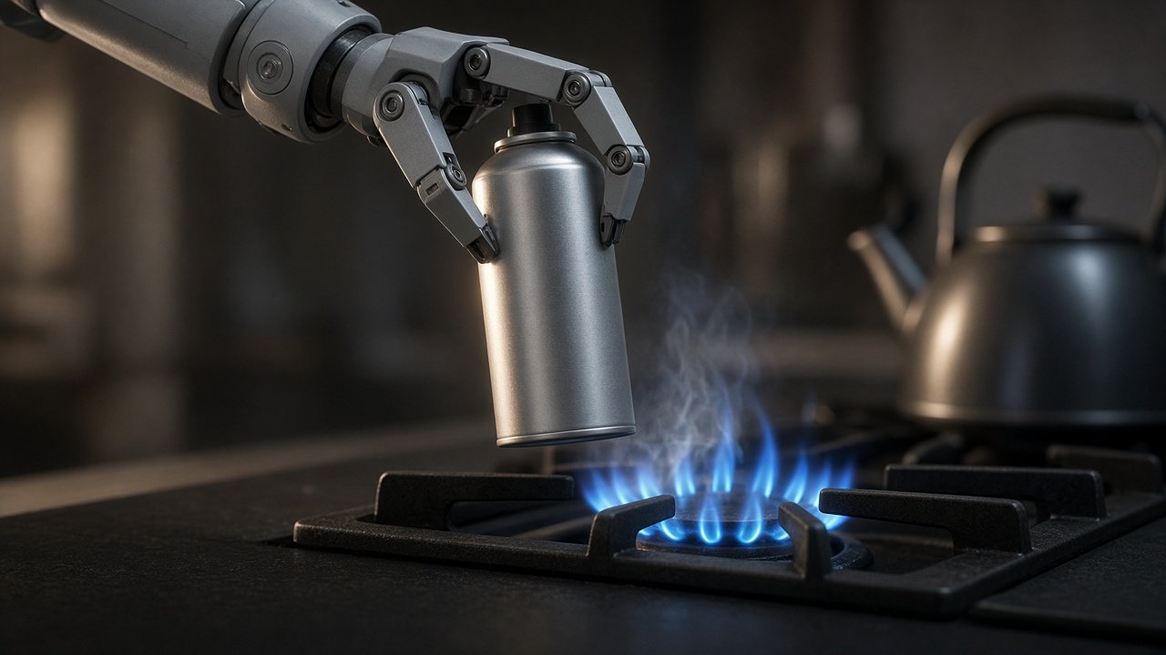 Close-up of a robot gripper hovering above a gas burner flame next to a metal aerosol can in warm side light