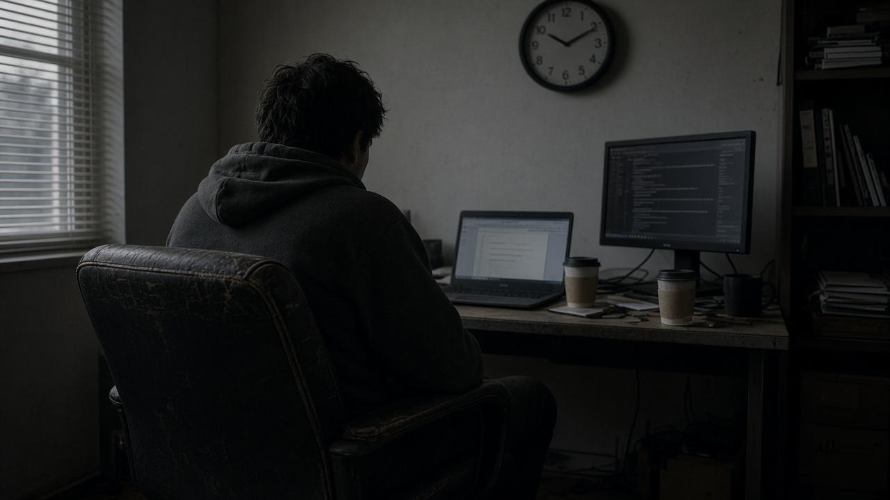 A developer in a hoodie, seen from behind, sits back in a worn chair at dawn watching a laptop and a second screen, with empty coffee cups and a wall clock nearby