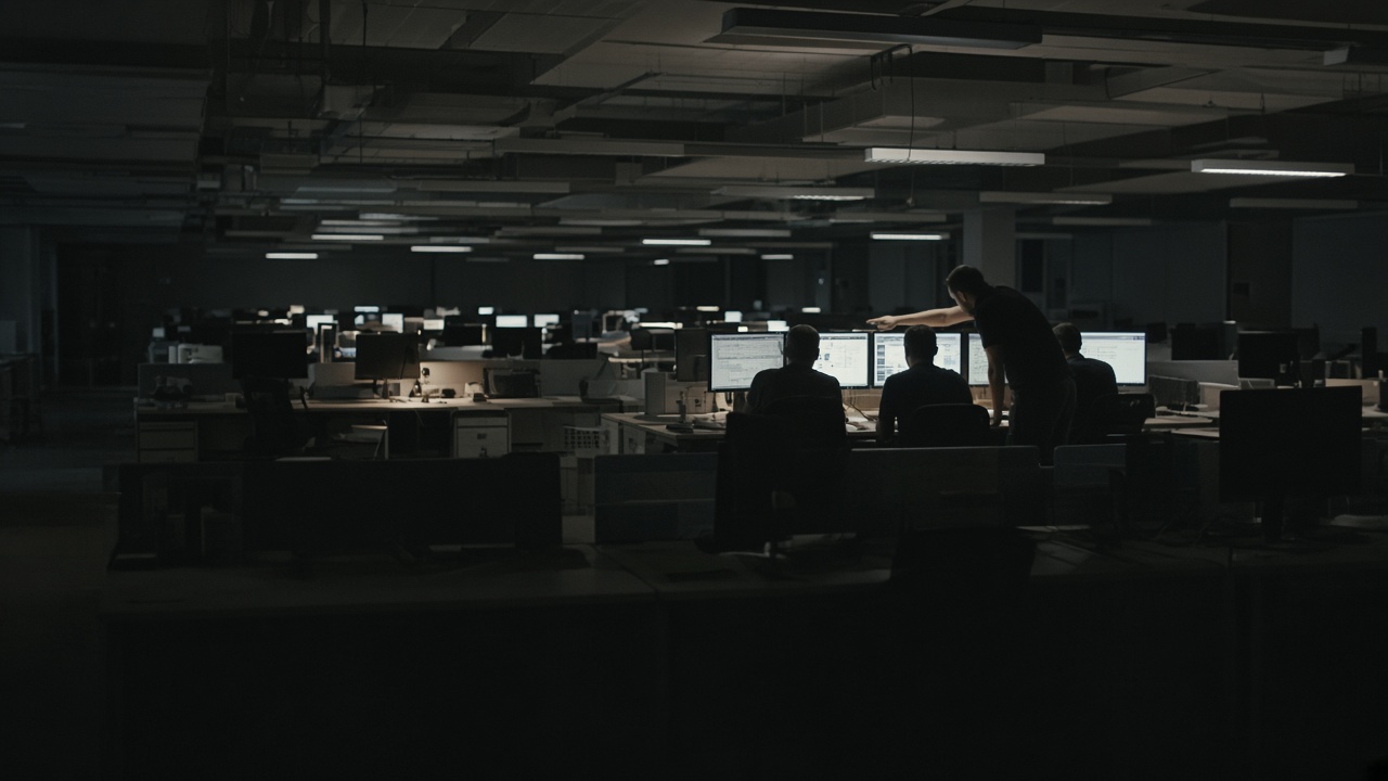 A large open-plan engineering floor late in the evening, mostly empty, with a small group of engineers seen from behind leaning over one screen