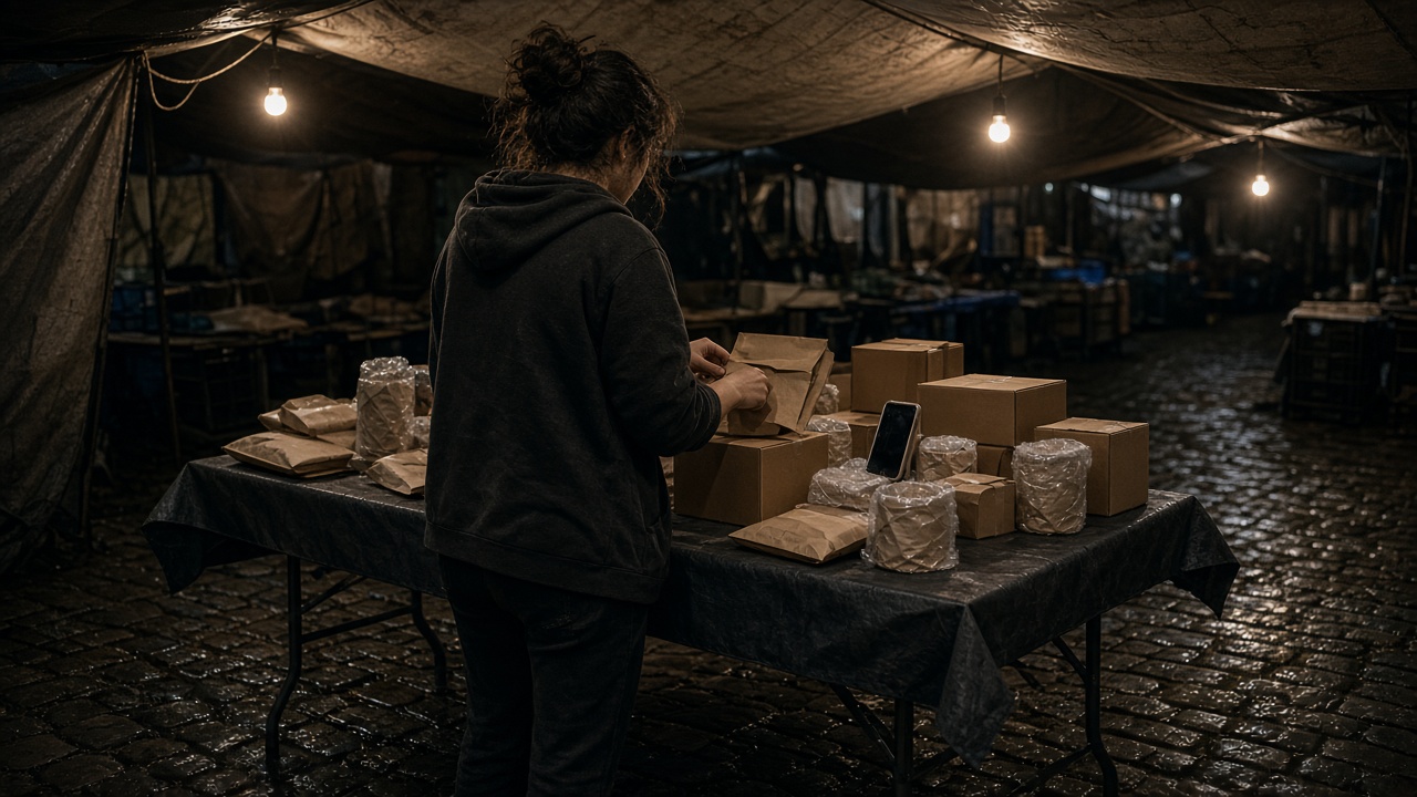 A young woman at an outdoor market after closing, seen from behind, packing parcels on a folding table with a phone propped against cardboard boxes