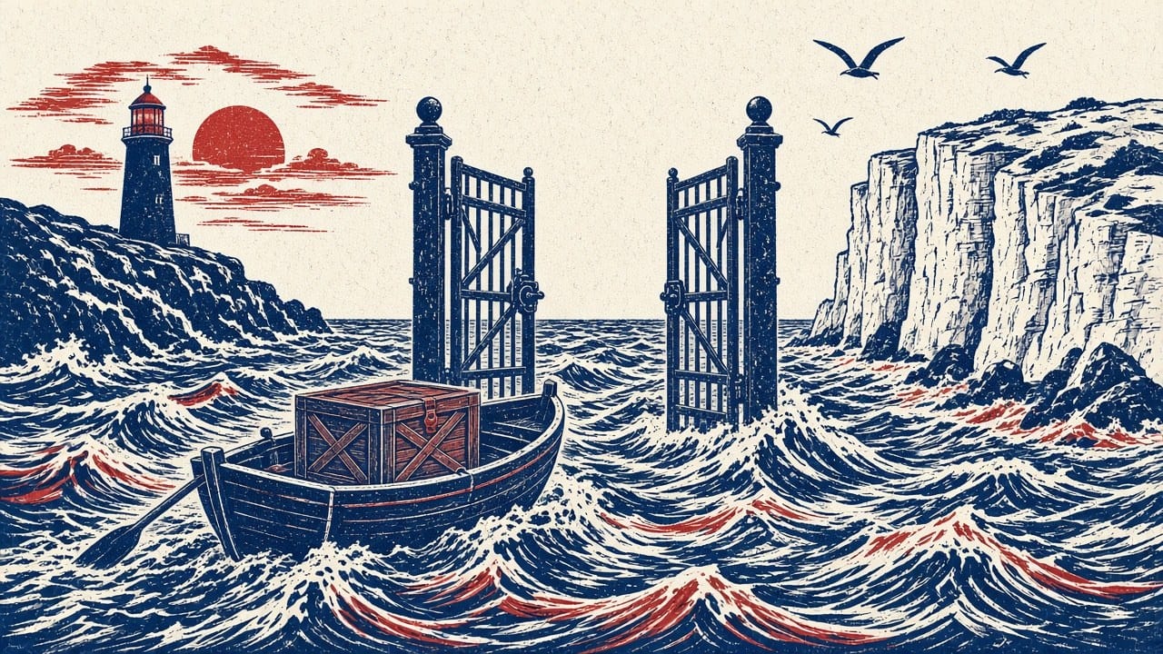 Linocut illustration of an iron gate in the Atlantic swinging open as a rowing boat carries a sealed crate toward the white cliffs of Britain