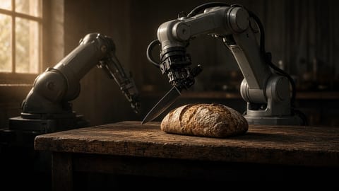 Two industrial robot arms over a kitchen workbench holding a kitchen knife beside a loaf of bread, lit by low window light.