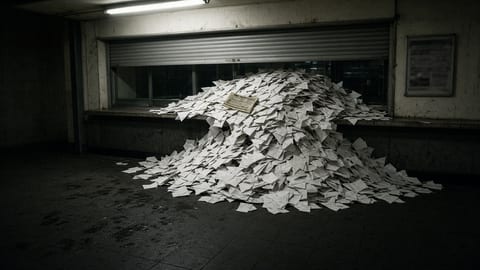 A closed railway ticket office at night, its counter buried under a spilling heap of sealed envelopes.