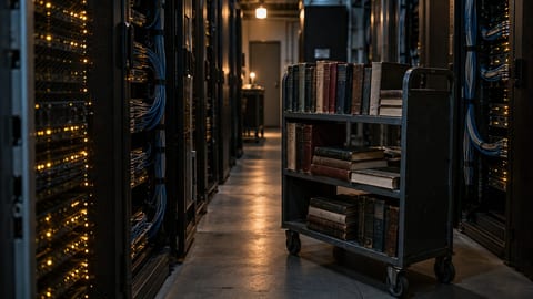 A cart of worn reference books stands between server racks with amber status lights in a dim aisle