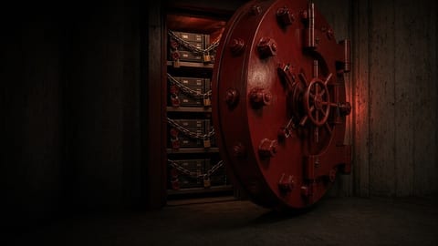 A huge red steel vault door closing in a dark concrete hall, with shelves of hard drives wrapped in chains, padlocks and red wax seals behind it.