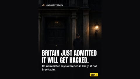 A police officer stands guard outside a dark stone government doorway at night, under the headline: Britain just admitted it will get hacked. Its AI minister says a breach is likely, if not inevitable.