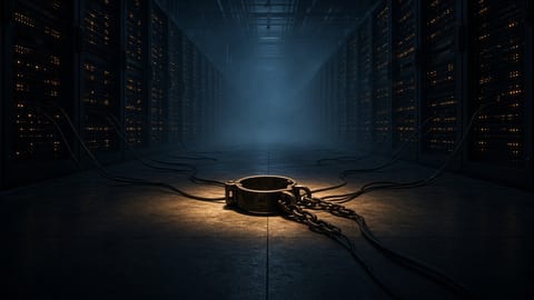 An open iron shackle and chain lying on the floor of a dark, foggy server hall under a single warm spotlight