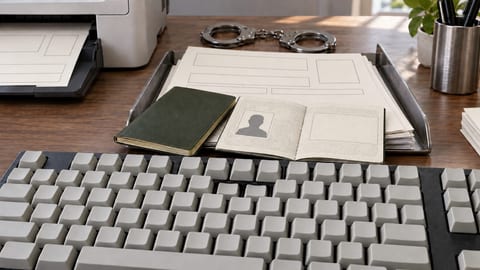 Two keys are depressed on an unattended keyboard below open and closed passports, blank photo box forms in a steel tray, and small police handcuffs.