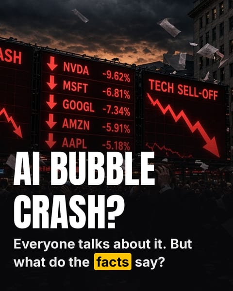 Infographic comparing the case for and against an AI stock crash in 2026 or 2027, side by side, in amber and grey