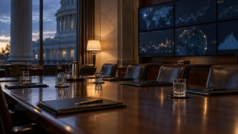 An empty briefing room at dusk with leather chairs, closed folders on a polished table, abstract charts on monitors, and stone columns outside