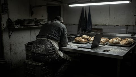 A baker in a flour-dusted apron, seen from behind, sits on an upturned crate at a steel worktable, working on a cheap laptop between trays of cooling bread.