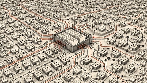 Hundreds of small software process units fill the frame, with black and red routes linking their work lanes to one shared file cache.