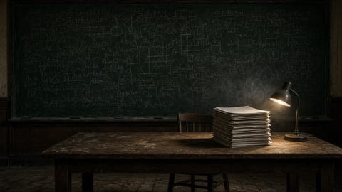 A late-night seminar room with a chalkboard full of faint, unreadable chalk and a tall stack of printed pages under a single desk lamp.