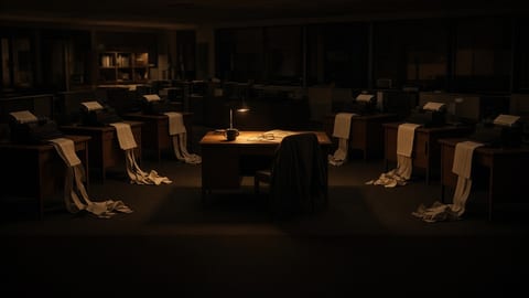 A dark office at night with one empty human desk, a coffee mug and glasses on it, surrounded by six vintage typewriters typing on their own with paper spilling to the floor.