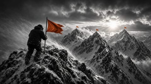 A climber in dark gear plants an orange flag on a snowy summit under storm clouds, with orange flags already flying on the neighbouring peaks