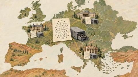 A painted map of Europe connects model network sheets and open computing appliances beside three institutional buildings.