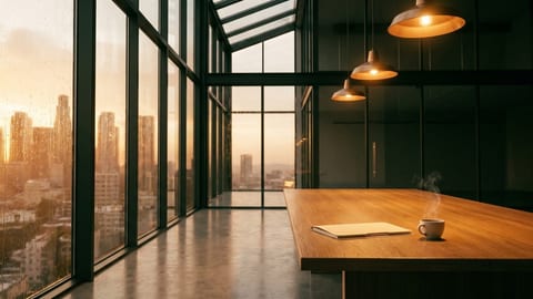 An empty glass research atrium at golden hour with an oak table, sealed folder and city lights through rainy windows