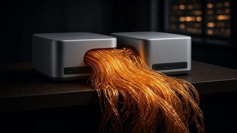 Two silver desktop workstations on a dark oak desk under soft window light, thick cables linking them, empty chairs, no screens readable.