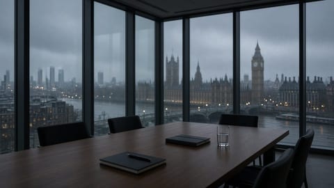 An empty dark wood conference table faces floor-to-ceiling windows overlooking a rainy London skyline at dusk