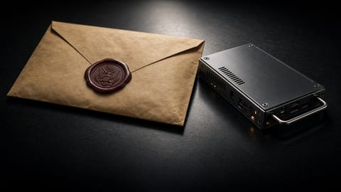 Sealed manila folders and stamped envelopes on a dark wood conference table in an empty government hearing room, soft side light, no faces.