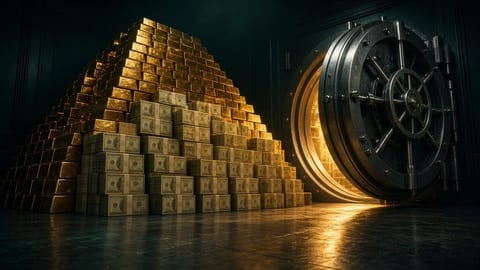 A pyramid of stacked gold bars and banknote bundles beside an open steel bank vault door glowing with warm light