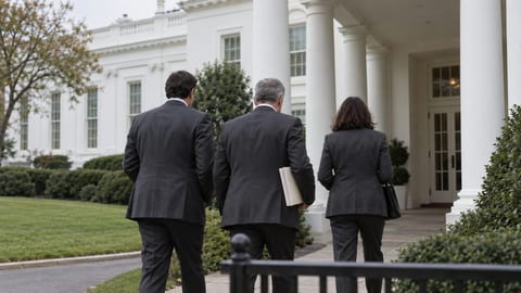 Three anonymous officials seen from behind approach the White House colonnade, with one carrying a plain briefing folder.