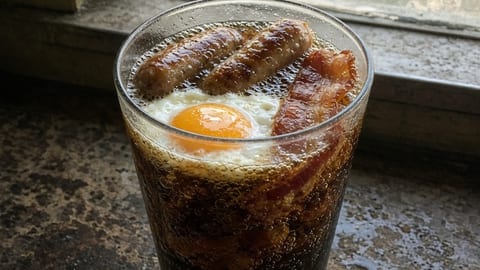 A pint glass of cola with a fried egg, sausages and bacon floating in it, on a cafe window ledge