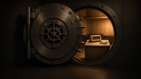 A heavy steel vault door swung open in a dark concrete room, revealing only a small beige 1990s desk clock and a floppy disk on a shelf inside.